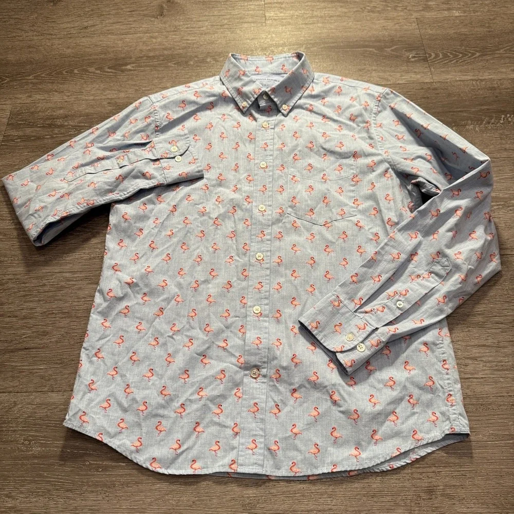 Banana Republic Shirt Mens Medium Flamingo All Over Print Luxe‎ Poplin Pocket